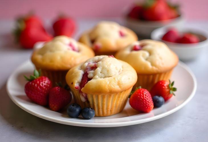 Homemade Strawberry Muffins Served with Fresh Berries on a Plate